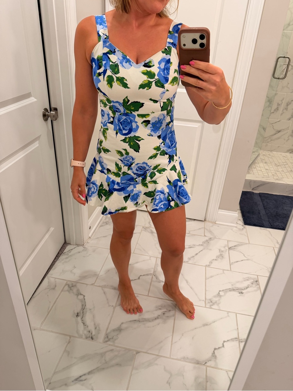 Flying Tomato White Mini Dress with Blue Rose Print